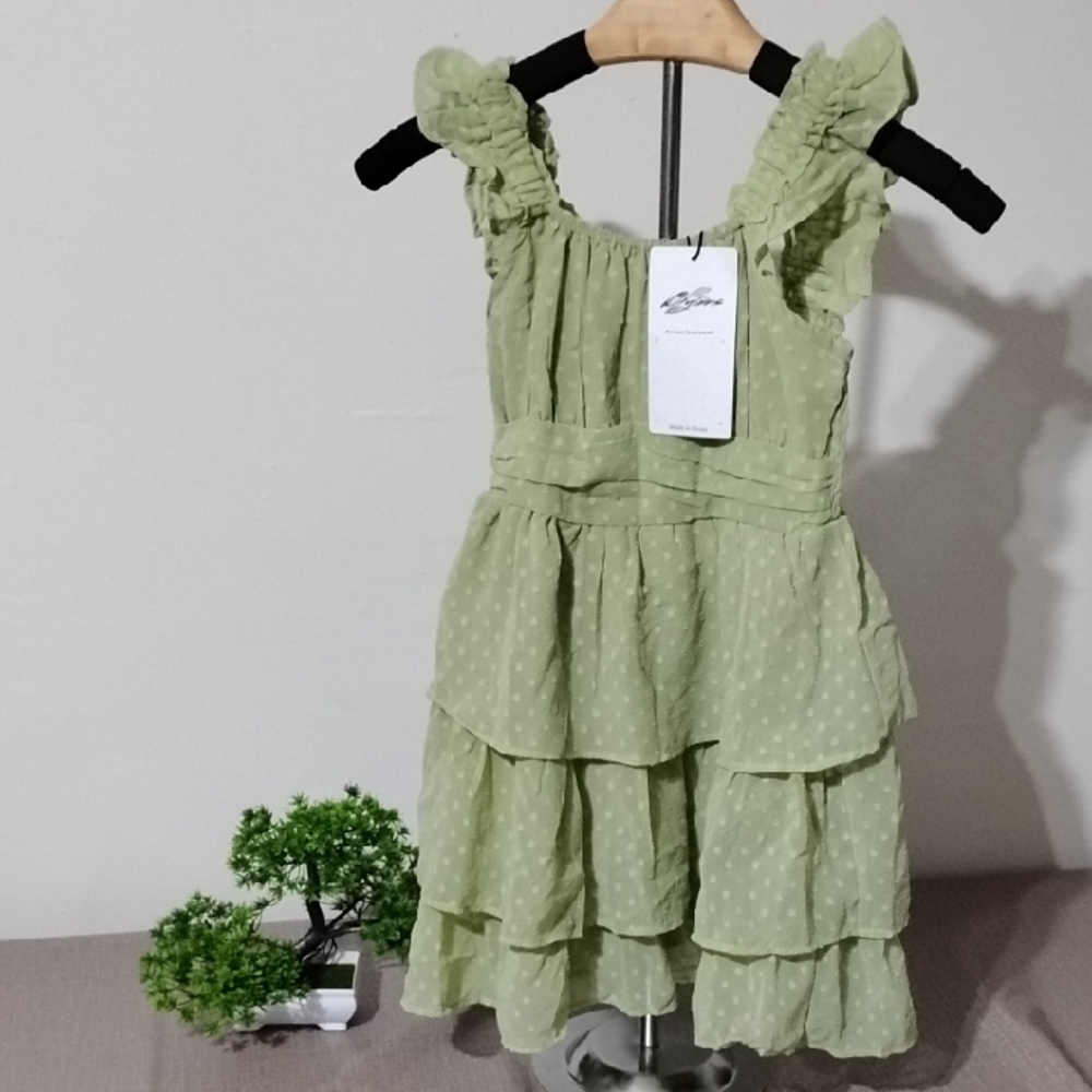 Adorable Green Polka Dot Kids Dress Size 120 Or 6-7
